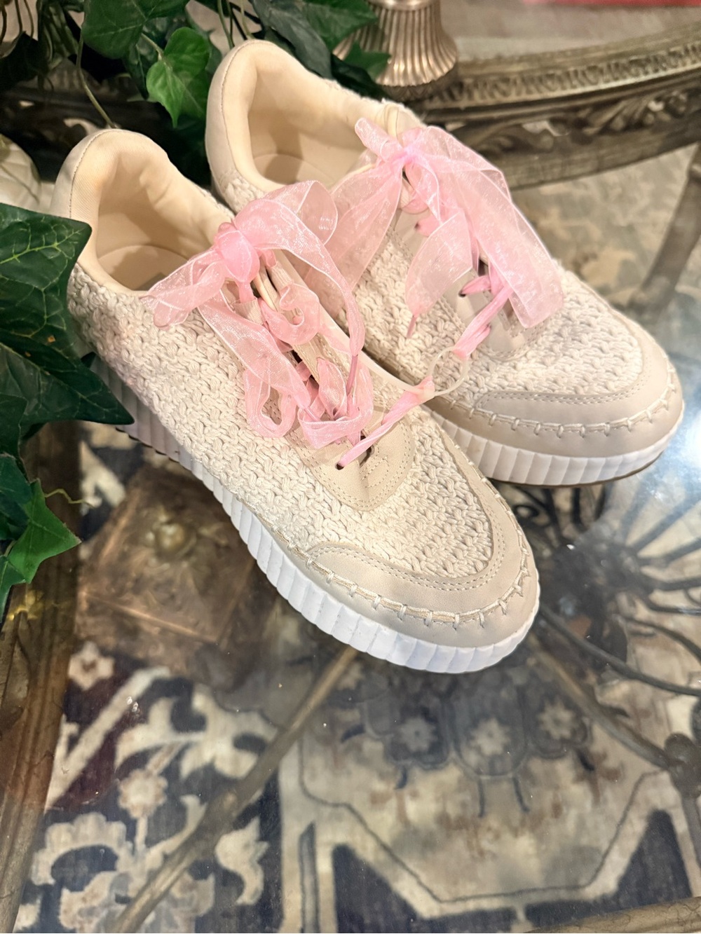 DV by Dolce Vita Cream Knit Sneakers with Pink Ribbon Laces